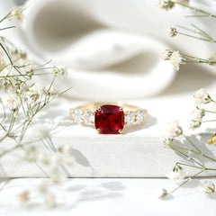 Asscher Cut Created Ruby Solitaire Ring with Moissanite Side Stones