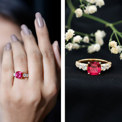 Asscher Cut Created Ruby Solitaire Ring with Moissanite Side Stones