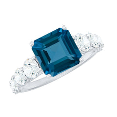 8mm Asscher Cut London Blue Topaz Solitaire Engagement Ring with Moissanite