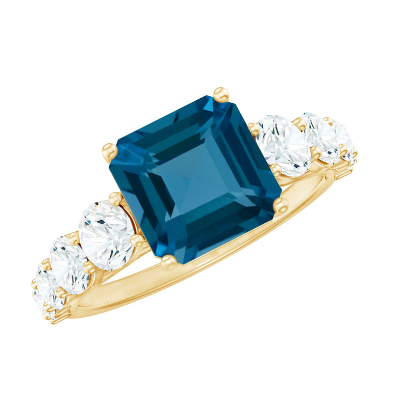 8mm Asscher Cut London Blue Topaz Solitaire Engagement Ring with Moissanite
