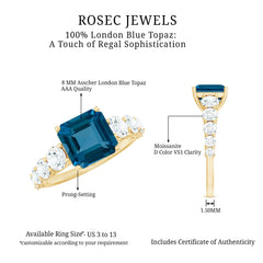 8mm Asscher Cut London Blue Topaz Solitaire Engagement Ring with Moissanite