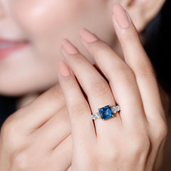 8mm Asscher Cut London Blue Topaz Solitaire Engagement Ring with Moissanite