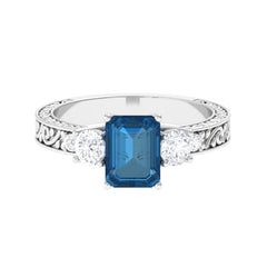 6X8mm Emerald Cut London Blue Topaz Statement Ring with Engraved Shank