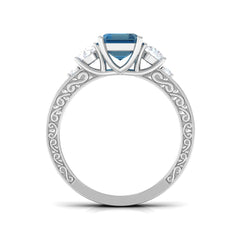 6X8mm Emerald Cut London Blue Topaz Statement Ring with Engraved Shank