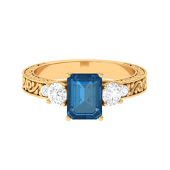 6X8mm Emerald Cut London Blue Topaz Statement Ring with Engraved Shank