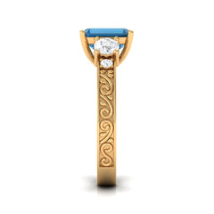 6X8mm Emerald Cut London Blue Topaz Statement Ring with Engraved Shank