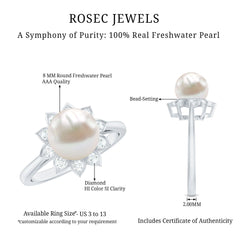 Freshwater Pearl and Diamond Flower Halo Engagement Ring
