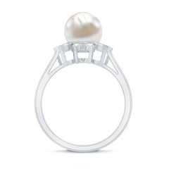 Freshwater Pearl and Diamond Flower Halo Engagement Ring