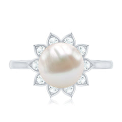Freshwater Pearl and Diamond Flower Halo Engagement Ring