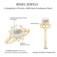 Freshwater Pearl and Diamond Flower Halo Engagement Ring