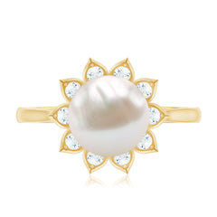 Freshwater Pearl and Diamond Flower Halo Engagement Ring