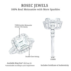 Certified 9 MM Asscher Cut Moissanite Halo Engagement Ring