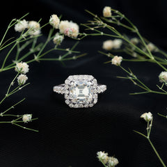Certified 9 MM Asscher Cut Moissanite Halo Engagement Ring