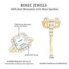 Certified 9 MM Asscher Cut Moissanite Halo Engagement Ring
