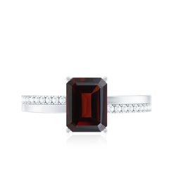 Natural 6X8mm Garnet Emerald Cut Engagement Ring with Diamond