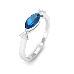 4x8mm Marquise cut London Blue Topaz East West Promise Ring with Diamond