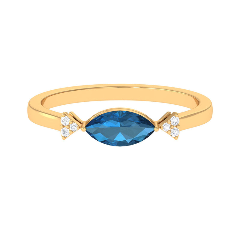 4x8mm Marquise cut London Blue Topaz East West Promise Ring with Diamond