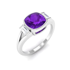 1.50 CT Cushion Cut Amethyst Engagement Ring with Baguette Diamond