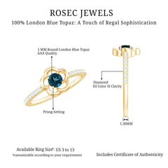5mm Round London Blue Topaz Flower Promise Ring with Diamond