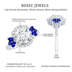 9 mm Lab Grown Diamond Halo Engagement Ring With Blue Sapphire