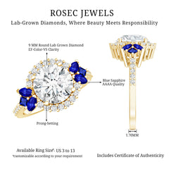 9 mm Lab Grown Diamond Halo Engagement Ring With Blue Sapphire