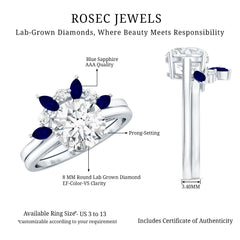 Certified Lab Grown Diamond Designer Engagement Ring Set With Sapphire
