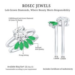 Certified 8 MM Lab Grown Diamond Engagement Ring With Emerald Wedding Band