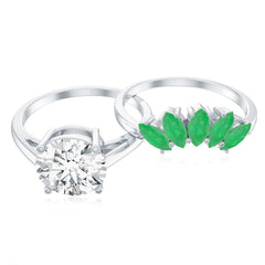 Certified 8 MM Lab Grown Diamond Engagement Ring With Emerald Wedding Band