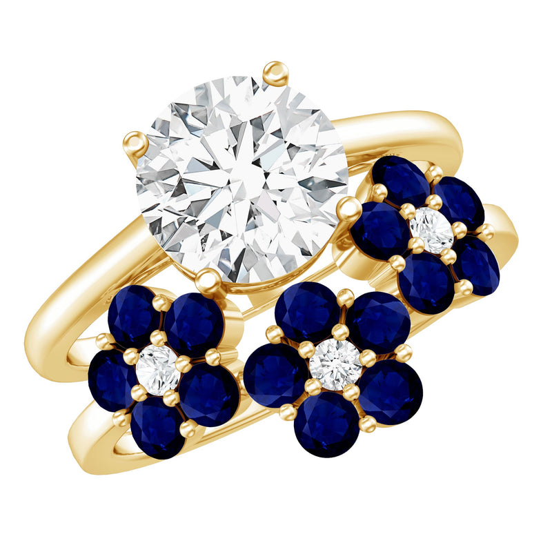 Certified Lab 8 MM Diamond Engagement Ring With Sapphire Wedding Band