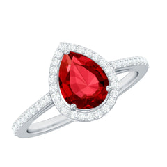 Pear Shape Lab Grown Ruby Teardrop Engagement Ring with Diamond Halo