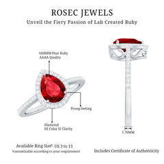 Pear Shape Lab Grown Ruby Teardrop Engagement Ring with Diamond Halo