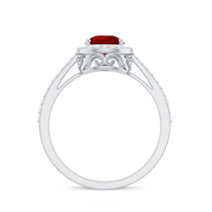 Pear Shape Lab Grown Ruby Teardrop Engagement Ring with Diamond Halo