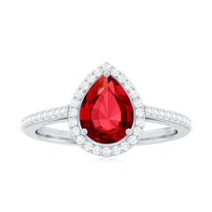 Pear Shape Lab Grown Ruby Teardrop Engagement Ring with Diamond Halo
