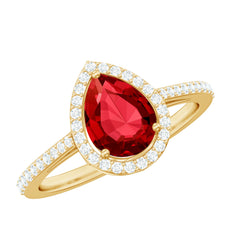 Pear Shape Lab Grown Ruby Teardrop Engagement Ring with Diamond Halo
