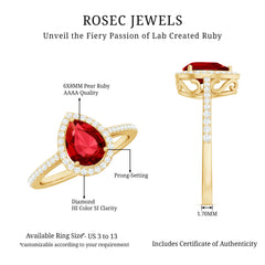 Pear Shape Lab Grown Ruby Teardrop Engagement Ring with Diamond Halo