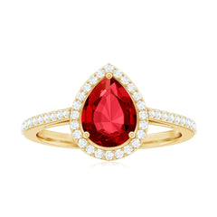 Pear Shape Lab Grown Ruby Teardrop Engagement Ring with Diamond Halo