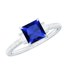 Certified 1 Carat Lab Grown Blue Sapphire Princess Cut Engagement Ring with Diamond