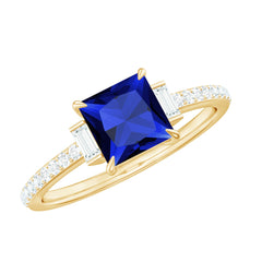 Certified 1 Carat Lab Grown Blue Sapphire Princess Cut Engagement Ring with Diamond