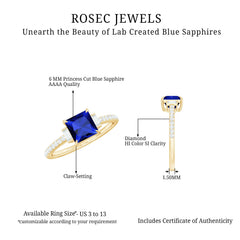 Certified 1 Carat Lab Grown Blue Sapphire Princess Cut Engagement Ring with Diamond