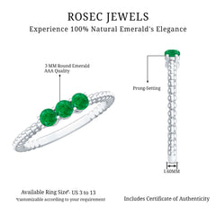 Certified Real Emerald 3 Stone Promise Ring with Beaded Detailing