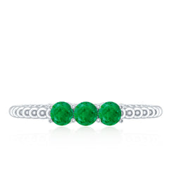 Certified Real Emerald 3 Stone Promise Ring with Beaded Detailing
