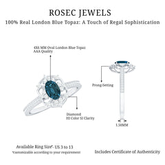 4X6mm Oval Cut London Blue Topaz Vintage Engagement Ring with Diamond