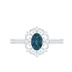 4X6mm Oval Cut London Blue Topaz Vintage Engagement Ring with Diamond