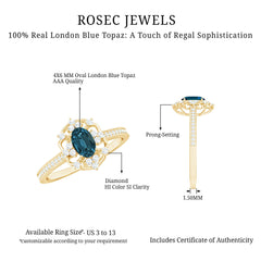 4X6mm Oval Cut London Blue Topaz Vintage Engagement Ring with Diamond