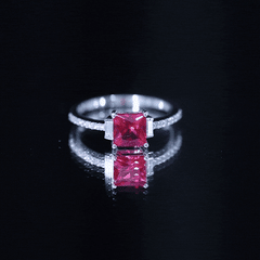 Claw Set Created Ruby Engagement Ring With Diamond