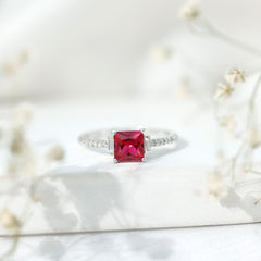 Claw Set Created Ruby Engagement Ring With Diamond