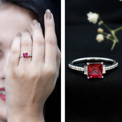 Claw Set Created Ruby Engagement Ring With Diamond