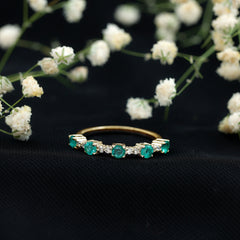 Real Emerald and Diamond Half Eternity Wedding Band Ring