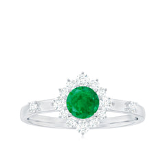5mm Round Shape Emerald Promise Ring with Diamond Halo