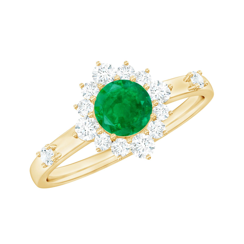 5mm Round Shape Emerald Promise Ring with Diamond Halo